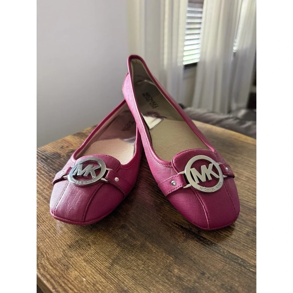 MICHAEL  Kors Hot Pink Silver Fulton Moc Ballet Leather slip on comfort Flats-9M